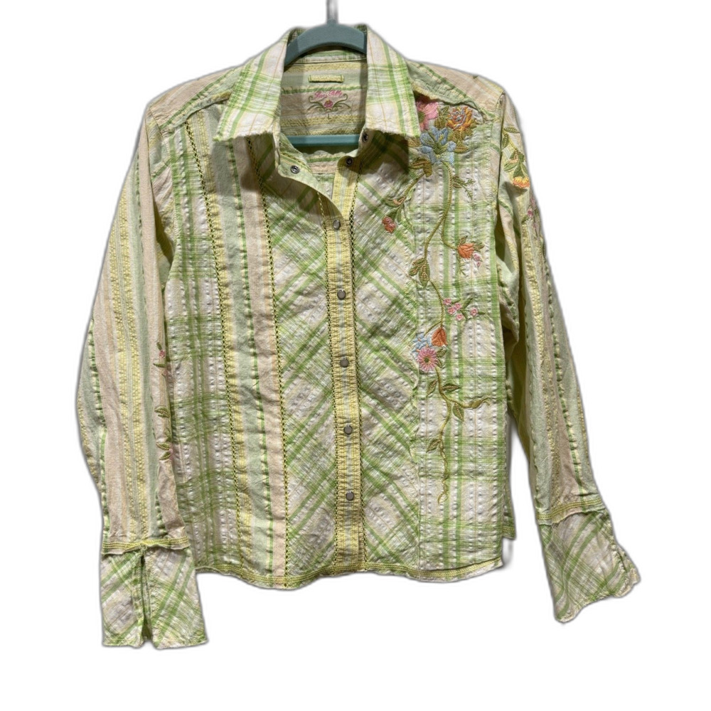 Love Polly Embroidered Top Plaid Western Snap Front Shirt Floral Cotton Women L